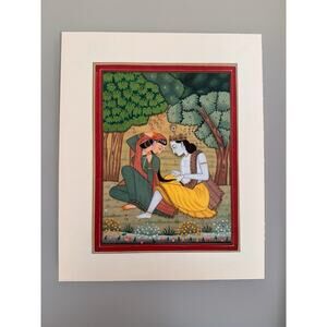 Antique Indian Miniature Painting Krishna & Radha Gold Inlay 10” Mughal Style